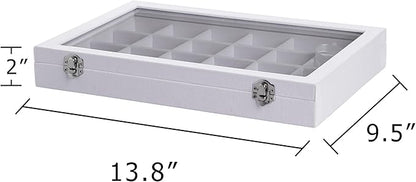 Frebeauty Jewelry Organizer Tray with Clear Lid 24 Grid Velvet Drawer Insert Jewelry Storage box with Transparent Glass lid Jewelry Display Case with Lock Gifts for Girls Women (White, 24 Grid)