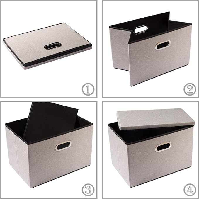 PRANDOM Large Foldable Storage Bins with Lids [3-Pack] linenFabric Decorative Storage Boxes Organizer Containers Baskets Cube with Handles Divider for Bedroom Closet Office Light Grey(17.7x11.8x11.8)