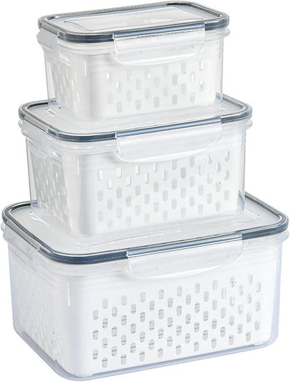 Lizbin 3 PCS Fruit Storage Containers for Fridge with Removable Colander, Leak proof Food Storage Containers, Airtight Food Storage Containers, Food Storage Container with Lids, Keep Food Meat Fresh