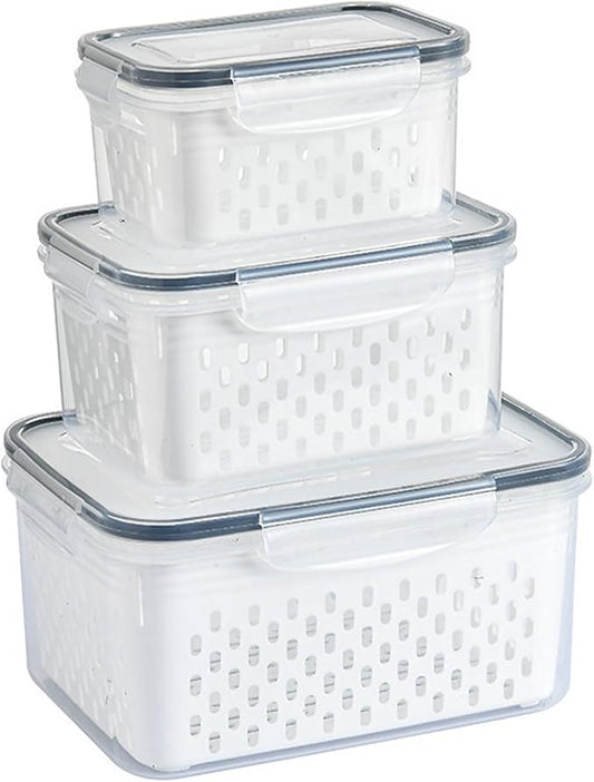 Lizbin 3 PCS Fruit Storage Containers for Fridge with Removable Colander, Leak proof Food Storage Containers, Airtight Food Storage Containers, Food Storage Container with Lids, Keep Food Meat Fresh