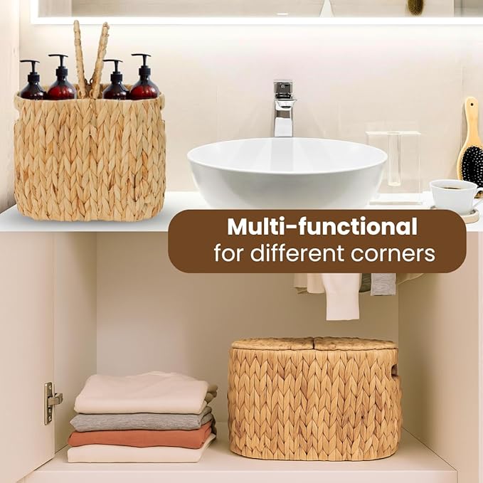 Toilet Paper Basket with Lid, Woven Natural Water Hyacinth Toilet Paper Storage, Papers Container for 4 Mega Rolls, Storage Holder with Built-in Handles, Slim Bathroom Stand Basket Organizer for Decor