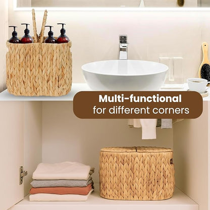 Toilet Paper Basket with Lid, Woven Natural Water Hyacinth Toilet Paper Storage, Papers Container for 4 Mega Rolls, Storage Holder with Built-in Handles, Slim Bathroom Stand Basket Organizer for Decor