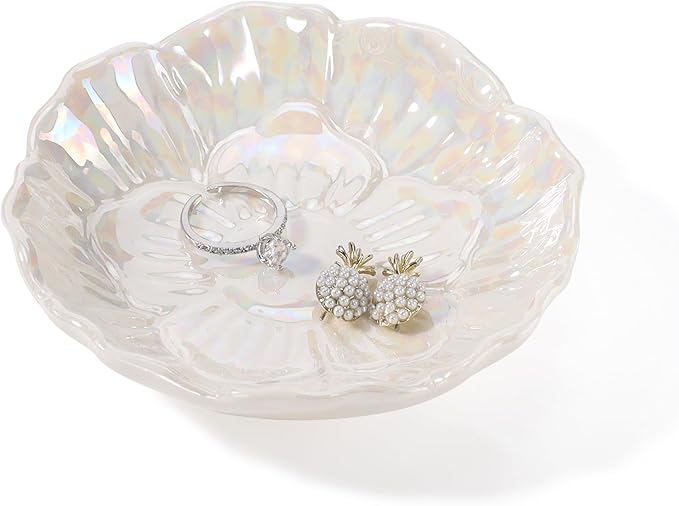 YZMICSTAR Flower Ring Dish Holder,Jewelry Dish Tray,Small Trinket Tray,Jewelry Plate Bowl,Key Bowl,Decorative Plate,Birtdhay Christmas Gifts for Women Friends,Ceramic Pearl White