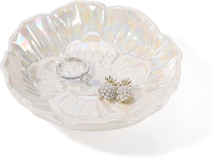 YZMICSTAR Flower Ring Dish Holder,Jewelry Dish Tray,Small Trinket Tray,Jewelry Plate Bowl,Key Bowl,Decorative Plate,Birtdhay Christmas Gifts for Women Friends,Ceramic Pearl White