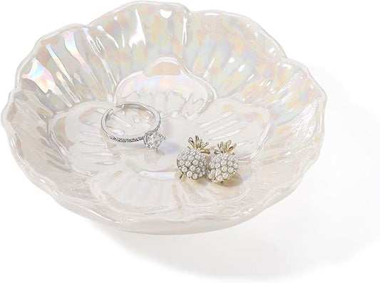 YZMICSTAR Flower Ring Dish Holder,Jewelry Dish Tray,Small Trinket Tray,Jewelry Plate Bowl,Key Bowl,Decorative Plate,Birtdhay Christmas Gifts for Women Friends,Ceramic Pearl White