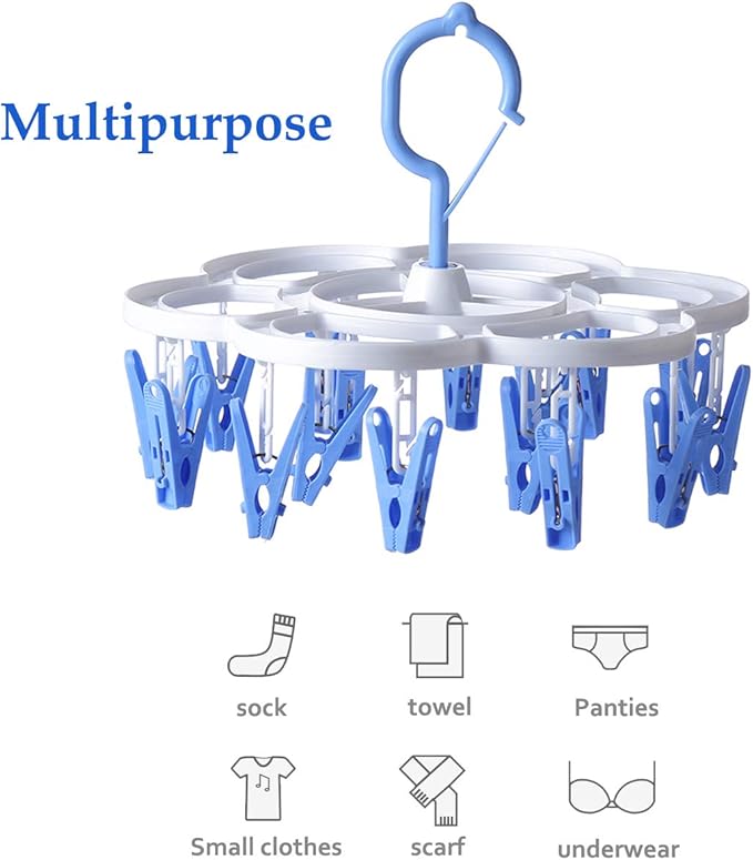Clothespin Rack Laundry Drying Rack,Clothes Hangers with 16 Clips,Clip Hanger Drip Hanger for Drying Underwear,Baby Clothes,Socks,Bras,Towel,Pants,Hat,Scarf,Cloth Diapers,Gloves (Blue)