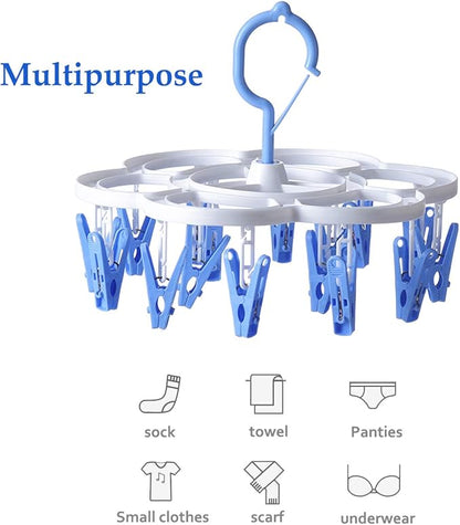 Clothespin Rack Laundry Drying Rack,Clothes Hangers with 16 Clips,Clip Hanger Drip Hanger for Drying Underwear,Baby Clothes,Socks,Bras,Towel,Pants,Hat,Scarf,Cloth Diapers,Gloves (Blue)
