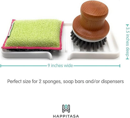Happitasa Silicone Soap Dish Tray and Sponge Holder with Drain Chute | Bathroom and Kitchen Sink Organizer Caddy (Smoky Blue, 9"x3.5", 5.6 Ounces)