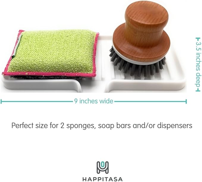 Happitasa Silicone Soap Dish Tray and Sponge Holder with Drain Chute | Bathroom and Kitchen Sink Organizer Caddy (Mocha, 9"x3.5", 5.6 Ounces)