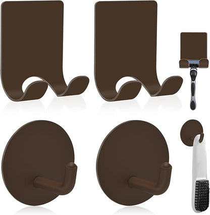 Diesisa Razor Holder for Shower + Adhesive Wall Hooks, Premium 304 Stainless Steel Shower Razor Holder with Heavy Duty Waterproof Sticky Hooks for Hanging Towels, Coat, hat (2+2 Pack)-Brown