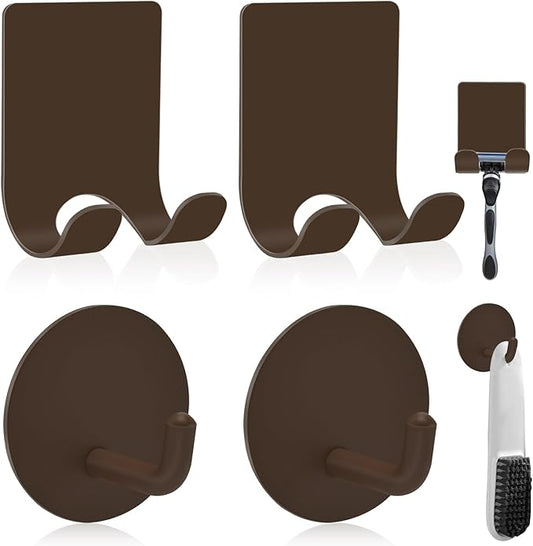 Diesisa Razor Holder for Shower + Adhesive Wall Hooks, Premium 304 Stainless Steel Shower Razor Holder with Heavy Duty Waterproof Sticky Hooks for Hanging Towels, Coat, hat (2+2 Pack)-Brown