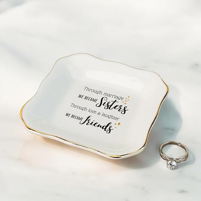 HatafaFurni Gifts for Sister In Law - Through Marriage We Became Sisters - Wedding Gifts, Christmas, Thanksgiving, Birthday Gift for Sister-in-law - Jewelry Dish, Ceramic Ring Dish, white, mil01