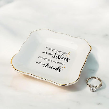 HatafaFurni Gifts for Sister In Law - Through Marriage We Became Sisters - Wedding Gifts, Christmas, Thanksgiving, Birthday Gift for Sister-in-law - Jewelry Dish, Ceramic Ring Dish, white, mil01