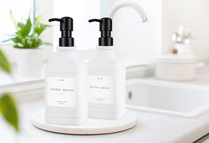 Emerson Essentials Glass Soap Dispenser Set – 16 oz 2-Pack – Refillable Dish & Hand Soap Dispensers for Kitchen or Bathroom – Stainless Steel Pump & Waterproof Labels Included