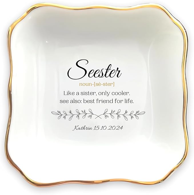 HatafaFurni Personalized Ring Dish Holder for Sister from Sister, Seester Noun Jewelry Dish for Wedding Christmas Birthday Gift, Customized Ceramic Trinket Tray for Bonus Sister, Funny Saying Gifts