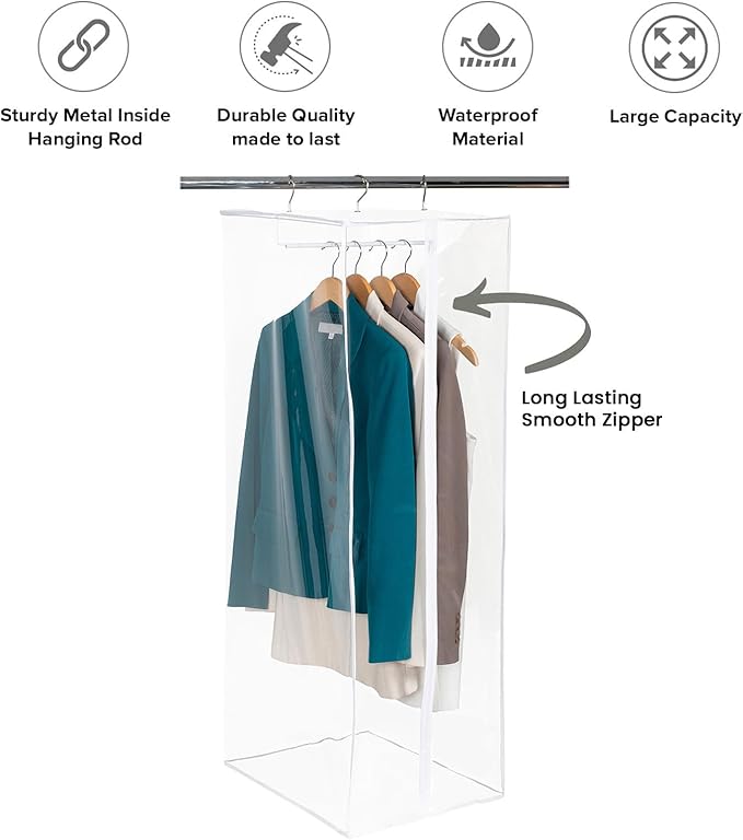 Garment Bag - Clear Hanging Closet Organizer - Durable Zippered Cover with Rod Protects Dresses, Suits, and Jackets from Dust and Moist- Top Metal Frame to Keep All Your Stuff in Shape- 42" x 20" x 15
