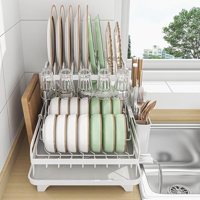 HOISIMDY 2 Tier Dish Drying Rack Automatic Drainage Board Space-Saving for Kitchen Counter with Cups Holder