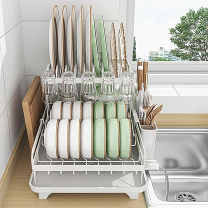 HOISIMDY 2 Tier Dish Drying Rack Automatic Drainage Board Space-Saving for Kitchen Counter with Cups Holder