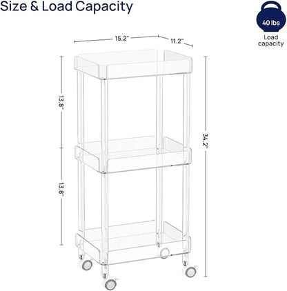 HMYHUM Small Acrylic Bar Cart, 15.2" L x 11.2" W x 34.2" H, 3 Tier Mini Rolling Serving Cart with 4 Lockable Wheels for Home Bar, Kitchen, Living Room, Modern, Clear