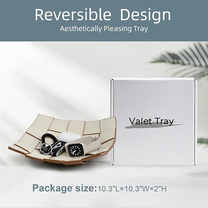 Valet Tray PU Leather Key Bowl for Men Women Entryway Table Nightstand Catchall EDC Dump Tray for Wallet, Keys, Jewelry Men's Gift - Coffee & White, 9.8" L x 9.8" W x 2" H