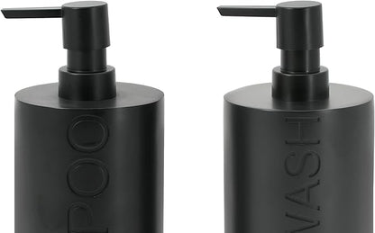 2-Pack Matte Black Resin Refillable Shampoo & Body Wash Bottles – Modern Bathroom Pump Dispenser Set, Durable Resin Shower Containers with Embossed Labels, Reusable Pump Bottle