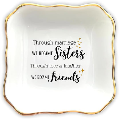 HatafaFurni Gifts for Sister In Law - Through Marriage We Became Sisters - Wedding Gifts, Christmas, Thanksgiving, Birthday Gift for Sister-in-law - Jewelry Dish, Ceramic Ring Dish, white, mil01