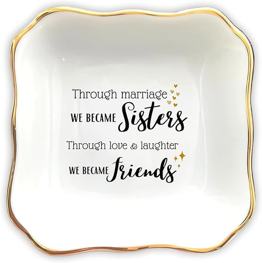 HatafaFurni Gifts for Sister In Law - Through Marriage We Became Sisters - Wedding Gifts, Christmas, Thanksgiving, Birthday Gift for Sister-in-law - Jewelry Dish, Ceramic Ring Dish, white, mil01