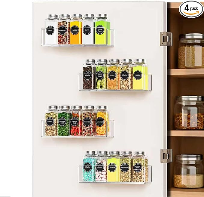 Wall Mounted Acrylic Spice Rack 4 Pack, 9 Inch Clear Pantry Door Organizer, Floating Spice Organizer, Adhesive or Screw Mounted Cabinet Seasoning Shelf