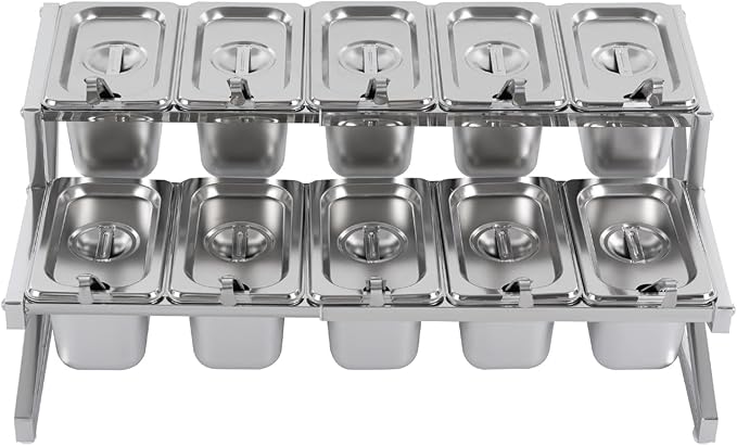 LIYABIN Expandable Stainless Steel Spice Rack Organizer with 10 (1.59 Qt) Lidded Pans, Adjustable 14-25.6 Inch 2-Tier Shelf for Kitchen Counter, Cabinet & Commercial Use