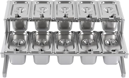LIYABIN Expandable Stainless Steel Spice Rack Organizer with 10 (1.59 Qt) Lidded Pans, Adjustable 14-25.6 Inch 2-Tier Shelf for Kitchen Counter, Cabinet & Commercial Use