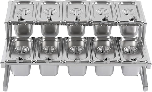 LIYABIN Expandable Stainless Steel Spice Rack Organizer with 10 (1.59 Qt) Lidded Pans, Adjustable 14-25.6 Inch 2-Tier Shelf for Kitchen Counter, Cabinet & Commercial Use