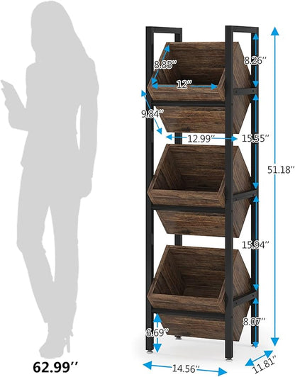 LITTLE TREE 3-Tier Basket Stand, Wooden Floor Stand Shelving Unit, Rustic Standing Organizer Storage Rack for Kitchen, Bathroom, Living Room