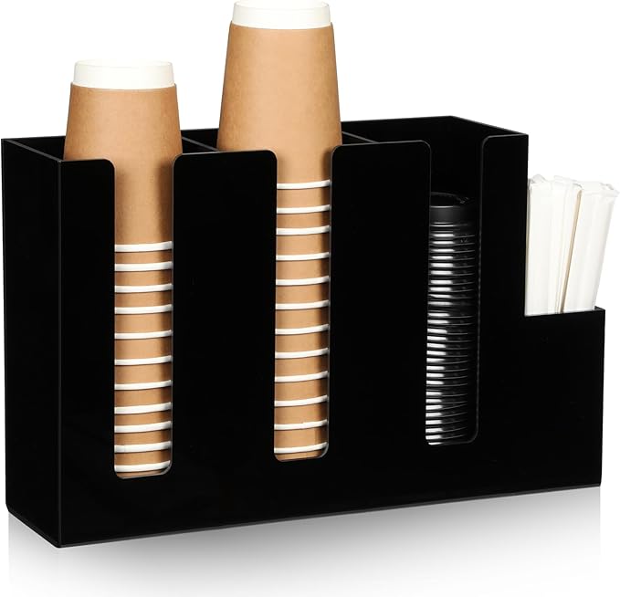 Cunhill 4 Compartments Acrylic Coffee Cup and Lid Storage Organizer Holder Disposable Paper Cup Dispenser Organizer Plastic Lid Holder Accessories for Kitchen Bar Shop Party Supplies(Black)