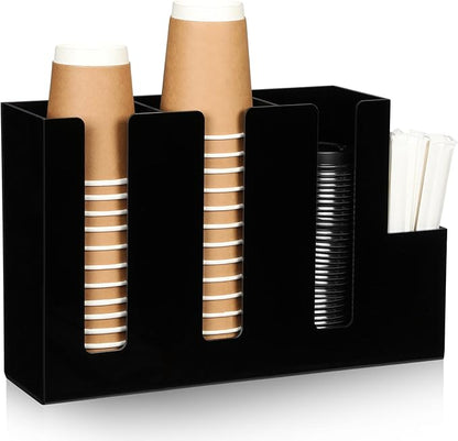 Cunhill 4 Compartments Acrylic Coffee Cup and Lid Storage Organizer Holder Disposable Paper Cup Dispenser Organizer Plastic Lid Holder Accessories for Kitchen Bar Shop Party Supplies(Black)