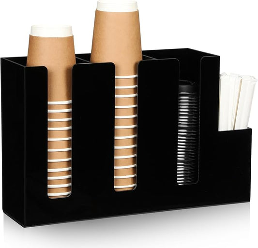 Cunhill 4 Compartments Acrylic Coffee Cup and Lid Storage Organizer Holder Disposable Paper Cup Dispenser Organizer Plastic Lid Holder Accessories for Kitchen Bar Shop Party Supplies(Black)