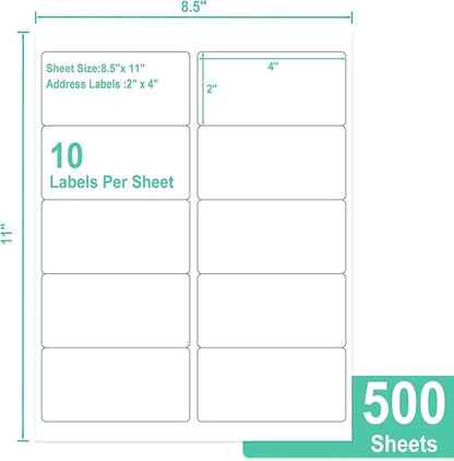 L LIKED 2" x 4" Label Stickers, Printable White 500 Sheets for Laser/Inkjet Printing - Matte White, 10 per Sheets (5000 PCS Labels) (Pack of 2)