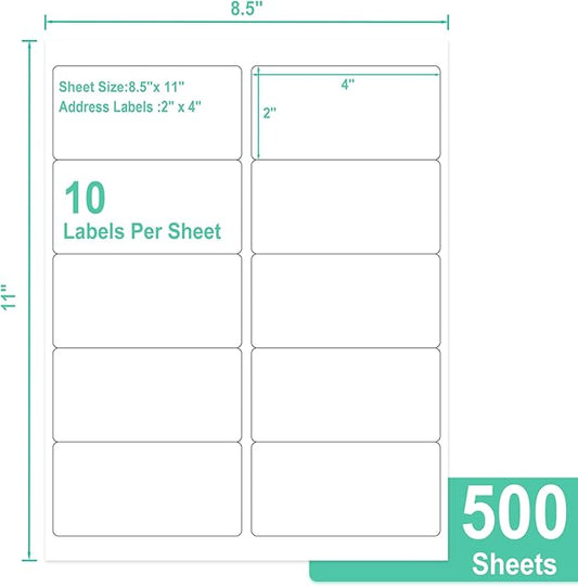 L LIKED 2" x 4" Label Stickers, Printable White 500 Sheets for Laser/Inkjet Printing - Matte White, 10 per Sheets (5000 PCS Labels)