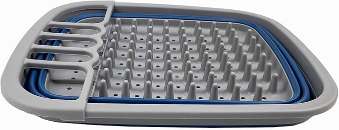 SAMMART 8L (2.11Gallons) Collapsible Plastic Dish Drainer - Foldable Drying Rack - Portable Dinnerware Organizer - Space Saving Kitchen Utensil Storage Tray (Grey/Mist Blue)