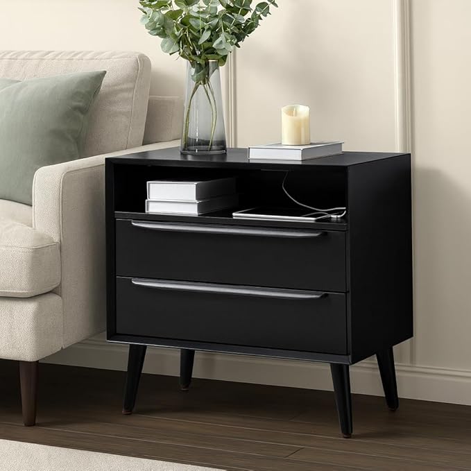 HULALA HOME End Table with Charging Station, Mid-Century Modern 2 Drawer and Open Shelf, Fluted End Table（Black）