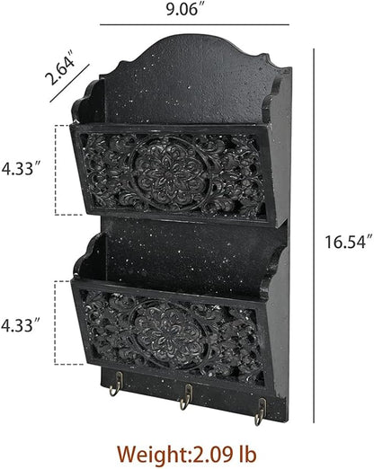 Rustic Key and Mail Holder for Wall Home Decorative,2-Slot Mail Organizer Wall Mount with 3 Hooks, Wooden Key Hangers Wall File Organizer Letter Sorter for Letter Magazines（Black）