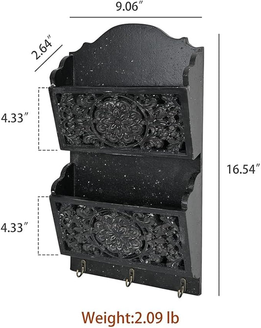 Rustic Key and Mail Holder for Wall Home Decorative,2-Slot Mail Organizer Wall Mount with 3 Hooks, Wooden Key Hangers Wall File Organizer Letter Sorter for Letter Magazines（Black）