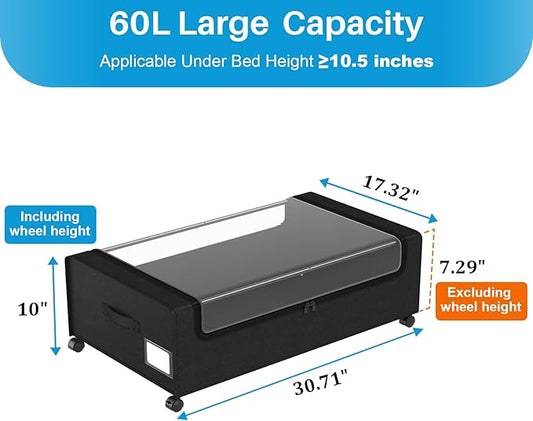 Under Bed Shoe Storage Organizer, 10 Inch Rolling Underbed Drawers for Clothes, Blankets, Winter Clothing & Shoes - Metal Frame Storage Bins with Handles, Dual Zippers, Clear Window 2 Pack Black