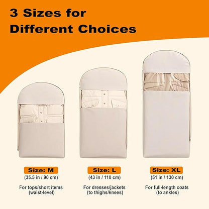Space Saving Hanging Garment Bag with Self Compression Zipper, 2025 New Large Capacity Long Hanging Clothes Compression,Thick Satin Fabric Dust Cover Clothes Suit Bags for Coats, Down,Dress(Beige,XL)
