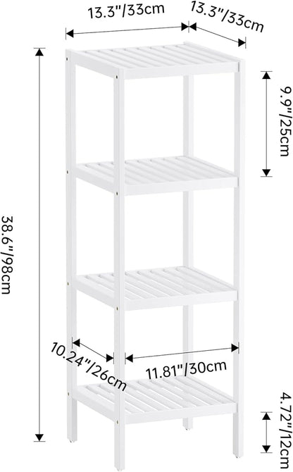 SMIBUY Bathroom Storage Shelf, 4-Tier Bamboo Rack Organizer, Multifunctional Shelving Unit for Living Room Bedroom Kitchen (White)