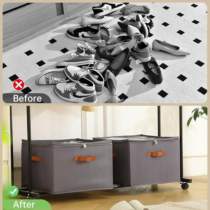Yagizaai Foldable Shoe Organizer Box for Closet & Under-Bed, Adjustable Dividers, Holds up to 16 Pairs, Stackable, Gray with Clear Cover & Leather Handles, 17x17x12 inch