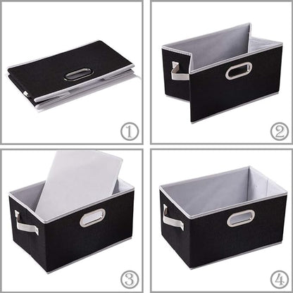 PRANDOM Larger Collapsible Storage Bins for Closet [5-pack] Decorative Linen Fabric Storage Baskets Cubes with Leather/Metal Handles for Living Room Black (17.3x12.2x10.4 Inch)