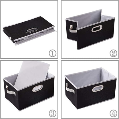 PRANDOM Large Collapsible Storage Bins for Closet [3-pack] Decorative Fabric Storage Baskets Cubes with Leather/Metal Handles for Shelves Bedroom Living Room Black (14.9x9.8x8.3 Inch)
