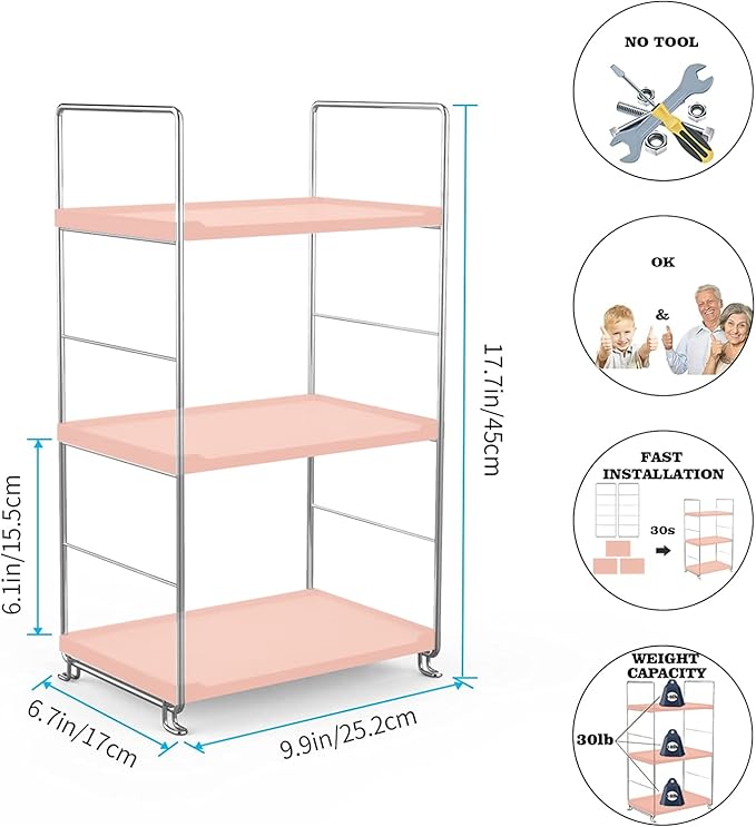 kaileyouxiangongsi Cosmetic Storage Rack for Bathroom Countertop, 3-Tier Standing Shelf for Kitchen Organizer, Stackage Perfume and Bath Collection Organizer Tray (Pink&Silver)
