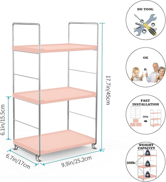 kaileyouxiangongsi Cosmetic Storage Rack for Bathroom Countertop, 3-Tier Standing Shelf for Kitchen Organizer, Stackage Perfume and Bath Collection Organizer Tray (Pink&Silver)
