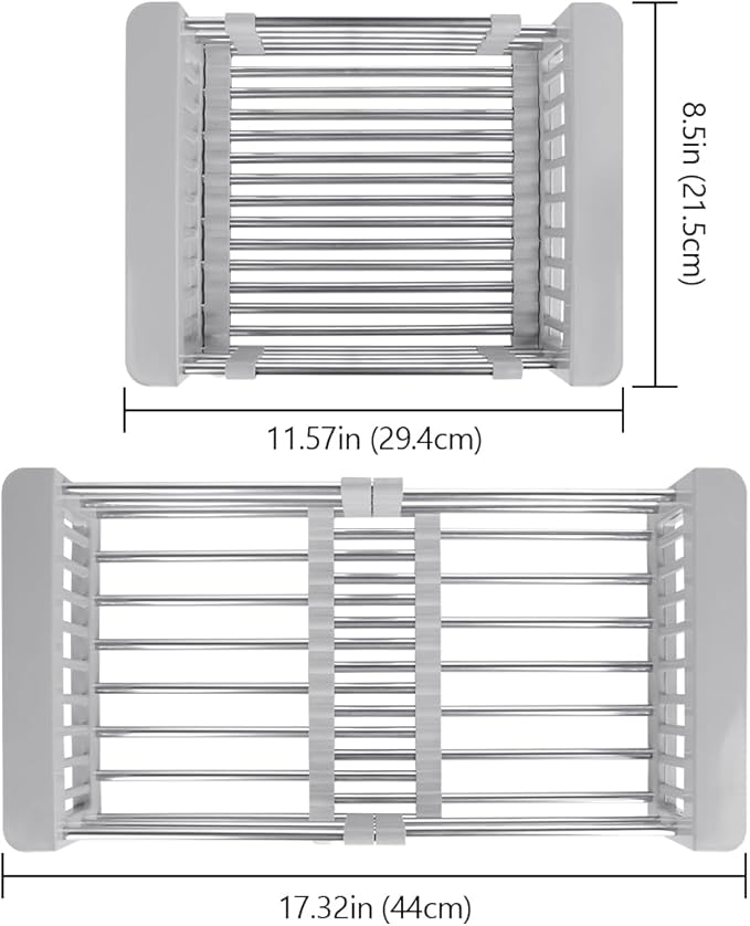 LUEXBOX Expandable Dish Drying Rack Over The Sink, Stainless Steel Drainer Basket with Adjustable Arms for Vegetable and Fruit (Grey)